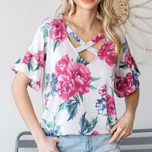 7th Ray Pink and Blue Floral Cross-Neck Blouse